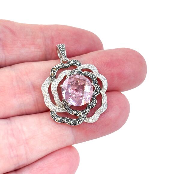 Vintage Sterling Silver 925 Pink Cubic Zirconia Marcasite Flower Pendant - Picture 1 of 7